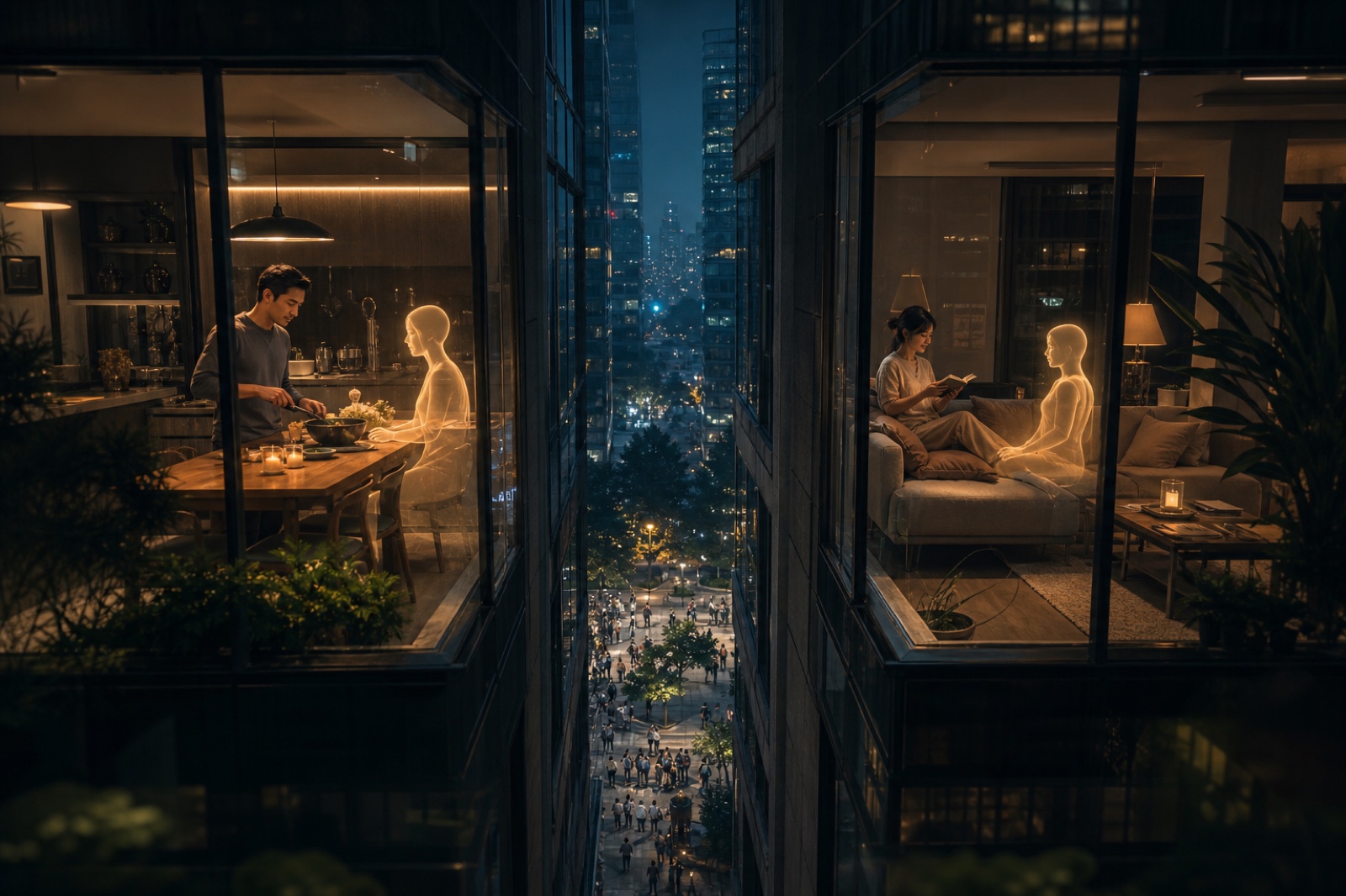 两个独居者分别与 AI 陪伴者共度夜晚，远处街道仍有人类社交